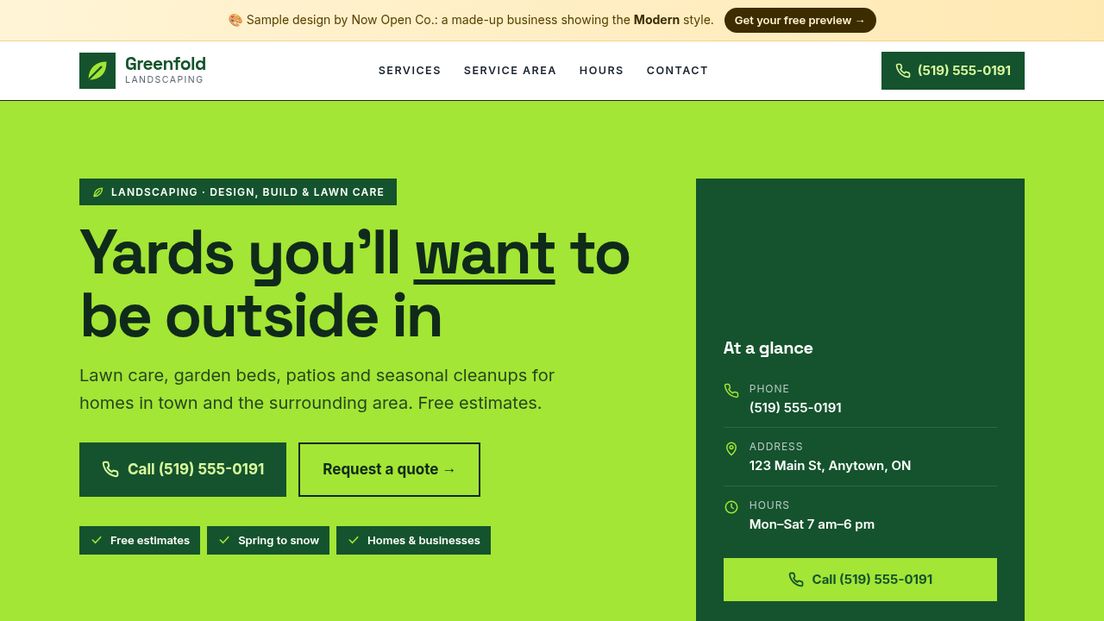 Sample design for a made-up landscaping company, shown on a computer